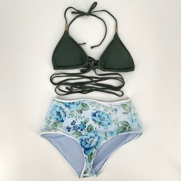 Aerie Ribbed Wrap Triangle High Waisted Full Coverage Bikini Set Green Medium - Picture 1 of 8